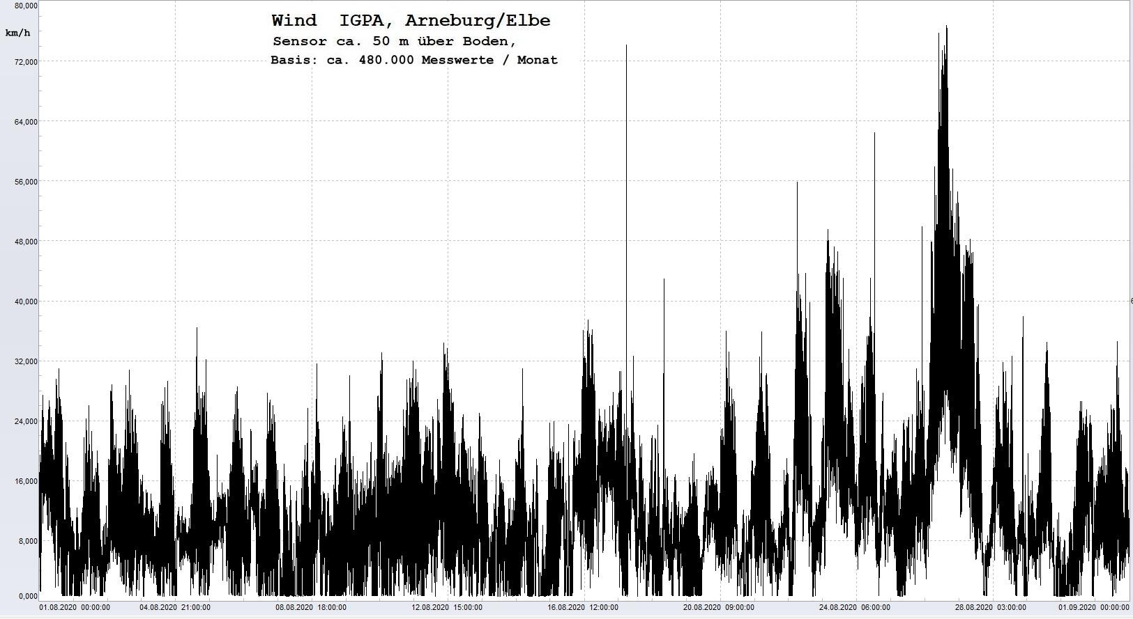 Arneburg Histogramm Winddaten Monat August 2020, 
  Sensor auf Gebäude, ca. 50 m über Erdboden, Basis: 5s-Aufzeichnung