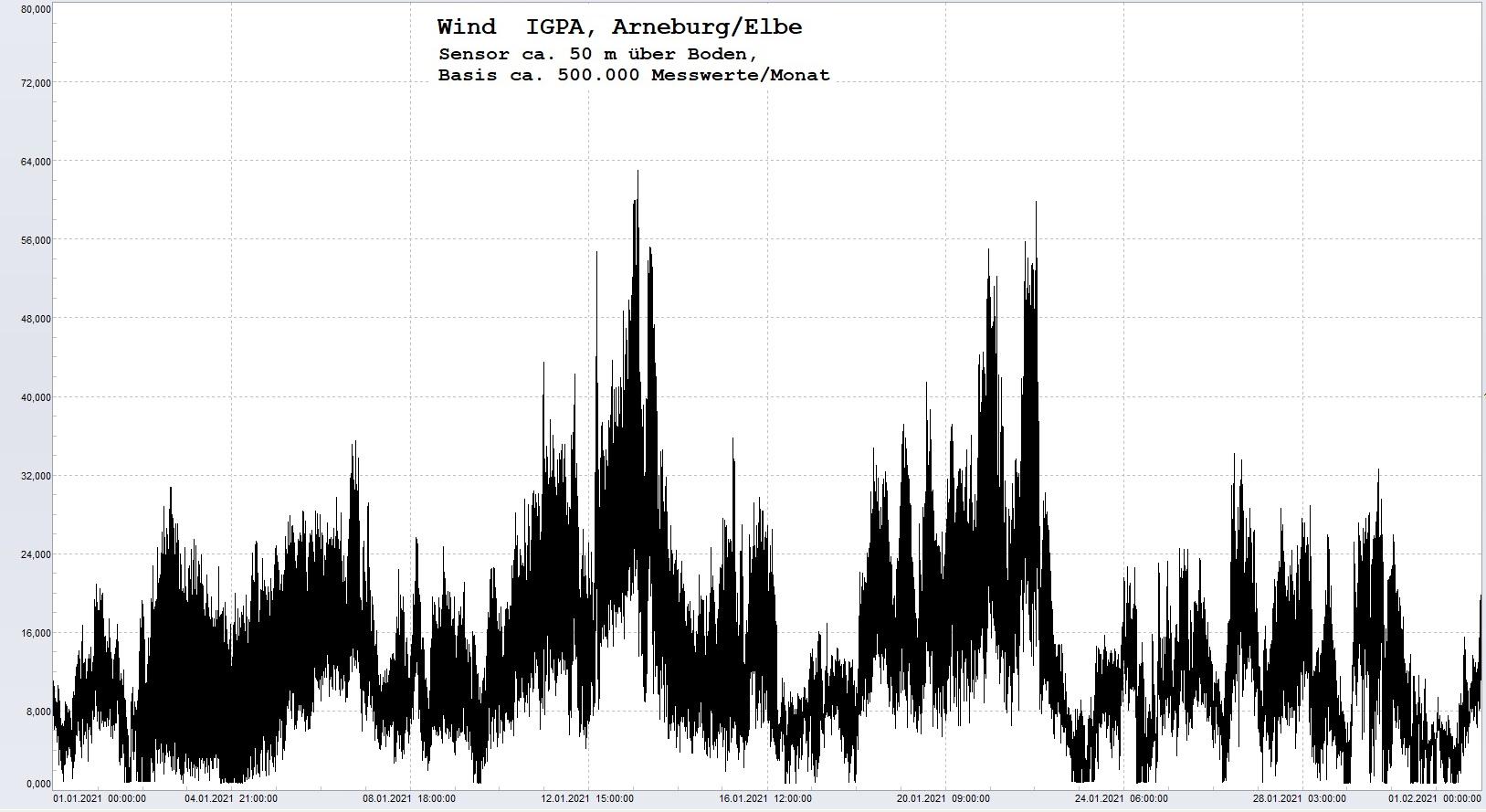 Arneburg Histogramm Winddaten Monat Januar 2021, 
  Sensor auf Gebäude, ca. 50 m über Erdboden, Basis: 5s-Aufzeichnung