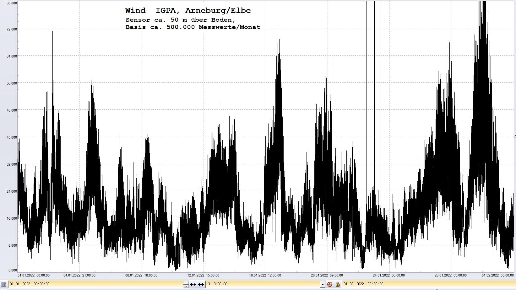 Arneburg Histogramm Winddaten Monat Januar 2022, 
  Sensor auf Gebäude, ca. 50 m über Erdboden, Basis: 5s-Aufzeichnung