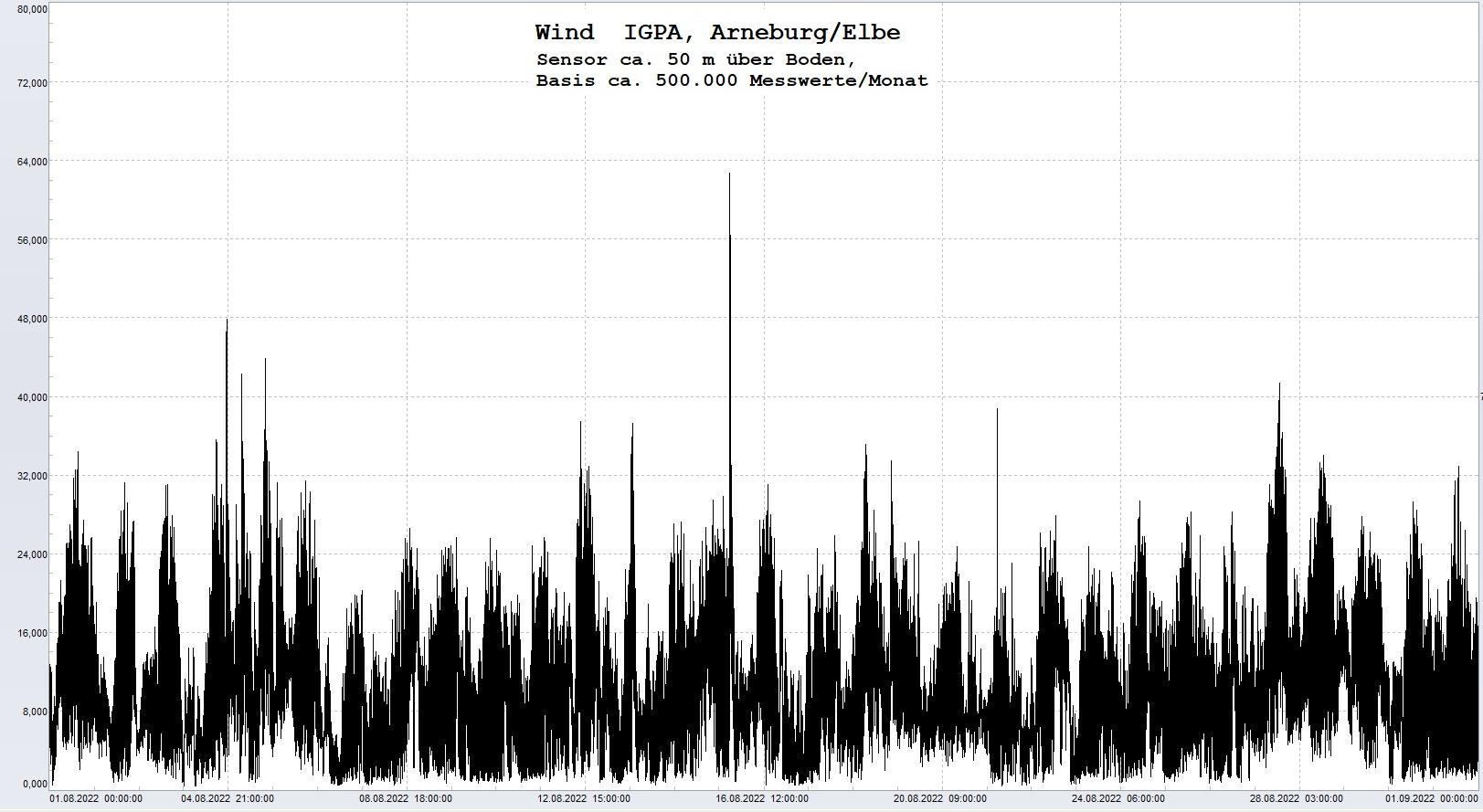 Arneburg Histogramm Winddaten Monat August 2022, 
  Sensor auf Gebäude, ca. 50 m über Erdboden, Basis: 5s-Aufzeichnung